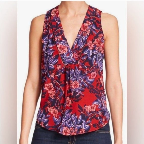 Rebecca Taylor Floral Silk Tank Satin Blouse Top Burnt Red Multi Sz 2 - Picture 2 of 8